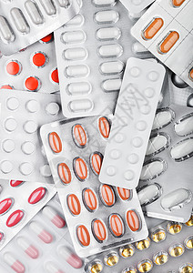 药物和药丸包装在银白色的水泡包装紧密图片