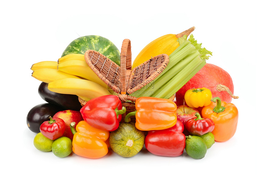 一组蔬菜和水果放在一个篮子中孤立在白色背景有机健康食品图片