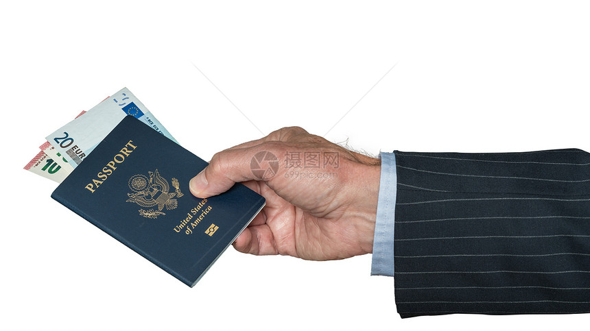 高级天主教徒手持我们用欧元签发的护照图片