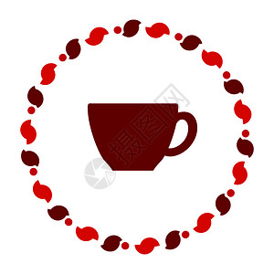 红色咖啡豆茶叶和花圈插画