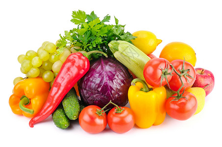 以白色背景隔离的水果和蔬菜杂类有机健康食品图片