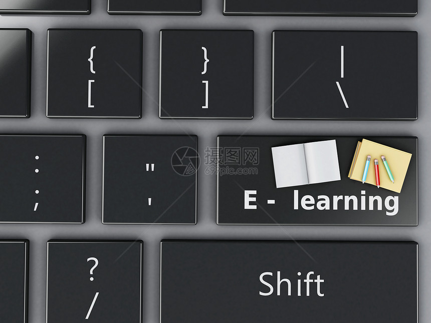 计算机键盘上的书和铅笔教育概念3d铸造者插图图片