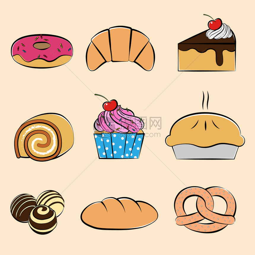 糕点和甜集手绘风格矢量插图图片