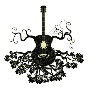 弹吉他背影古老的吉他背影树枝插图插画