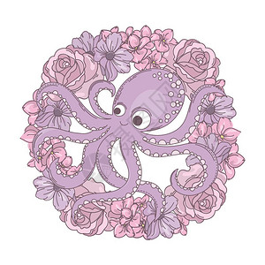 章鱼与花环矢量插图图片