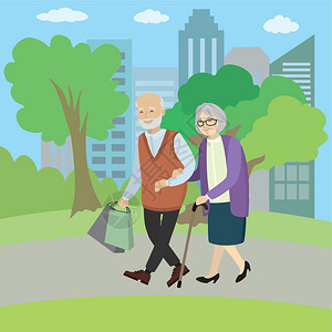 老年夫妇在公园散步矢量插图图片