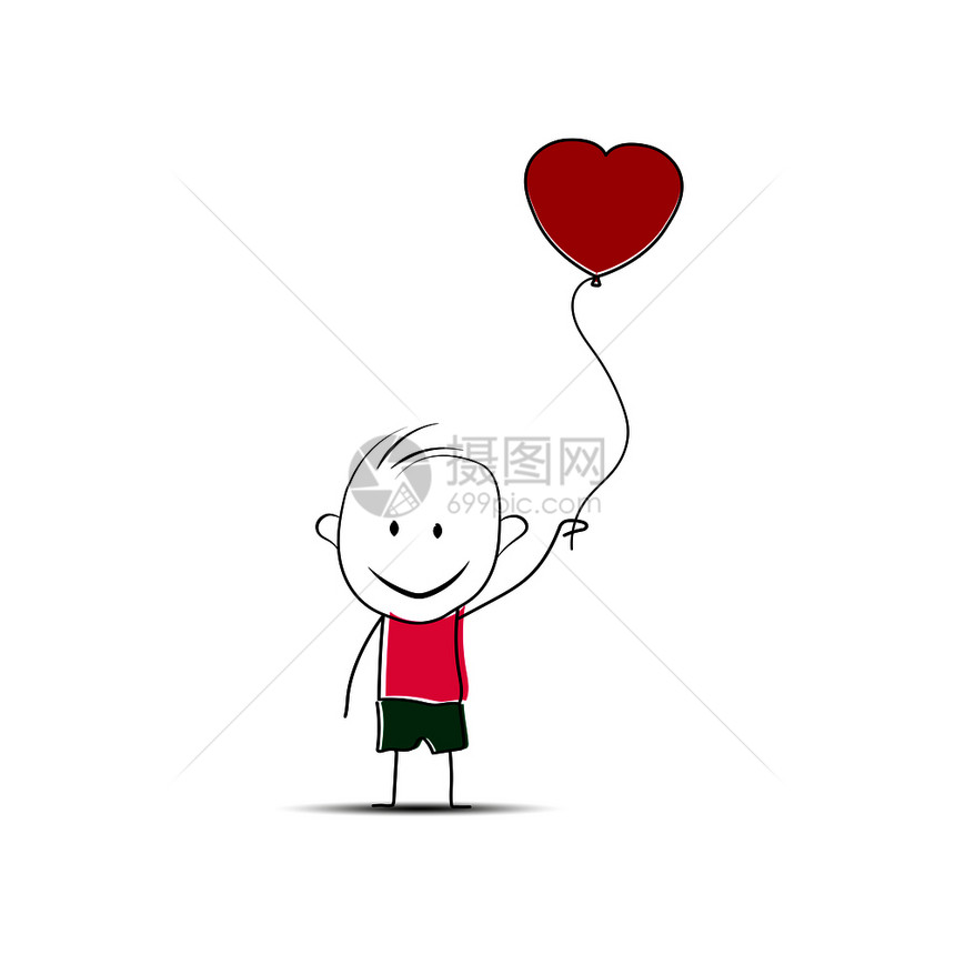 快乐的男子与气球以心脏的形式简单设计图片