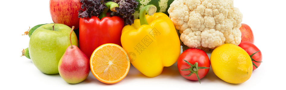 在白色背景上隔离的水果和蔬菜健康食品宽幅照片图片