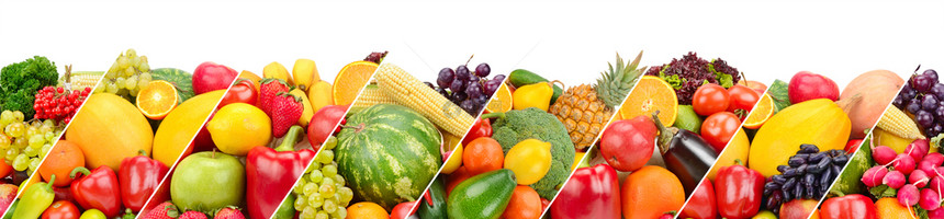 收集白色背景上隔绝的新鲜水果和蔬菜全景拼图宽幅照片有免费文本空间图片