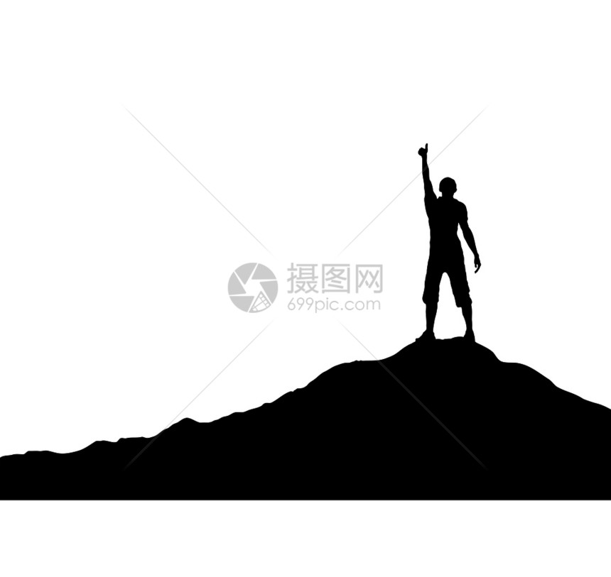 男人举起手站在山上简单平板的设计图片