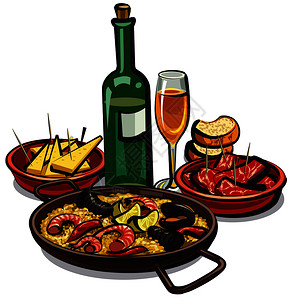 蛋白质组学西班牙的表兄弟有开胃菜和葡萄酒的比拉插画