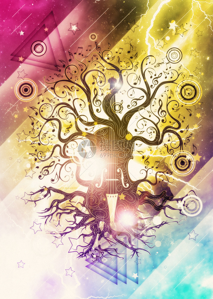 有小提琴树设计背景的现代发光音乐海报图片