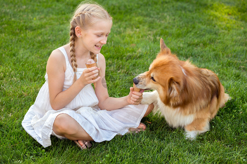 小狗和小女孩在草地上玩耍图片