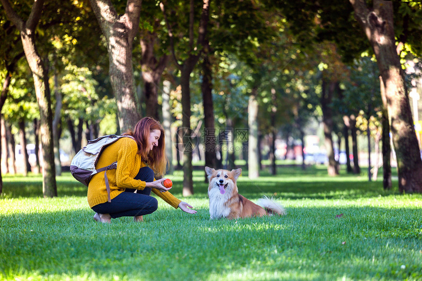女人在公园中训练小狗图片