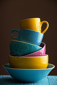 亮度陶瓷蓝色黄和粉的杯碗背景图片