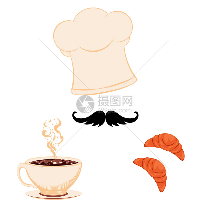 美味的羊角面包咖啡和厨师帽设计图片