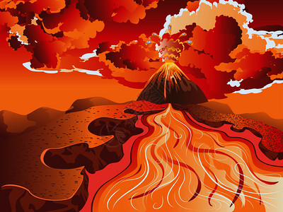 火山熔岩在岩石和大火山背景中流淌着河插画