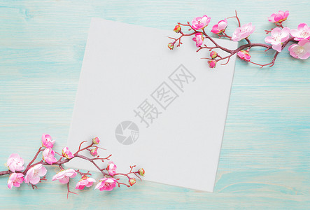 作文纸涂漆蓝板的抽象春季背景包括花樱枝的分支包括粉红花和白方空纸或带文字位置的画布背景