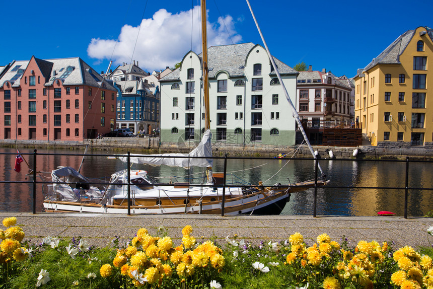 在著名的挪威城镇街道上种植鲜花图片
