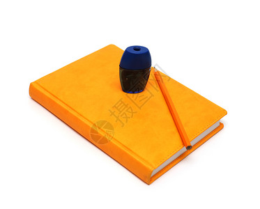 白底隔离的橙色笔记铅和磨刀图片