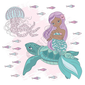 骑在海龟上的美人鱼公主矢量插图图片
