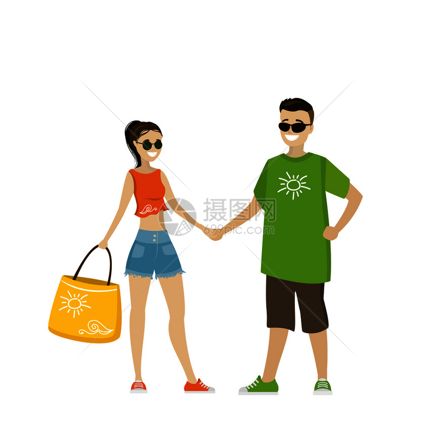 快乐的年轻夫妇手牵可爱的卡通矢量插图快乐的年轻夫妇手牵图片