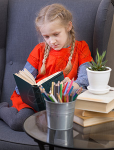 小女孩坐在椅子上认真的看书图片