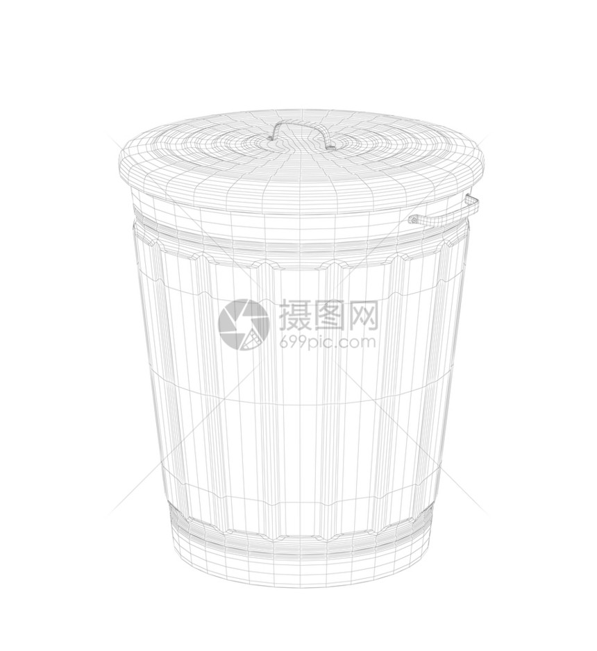 白色背景的3个三维有线框架垃圾桶模型图片