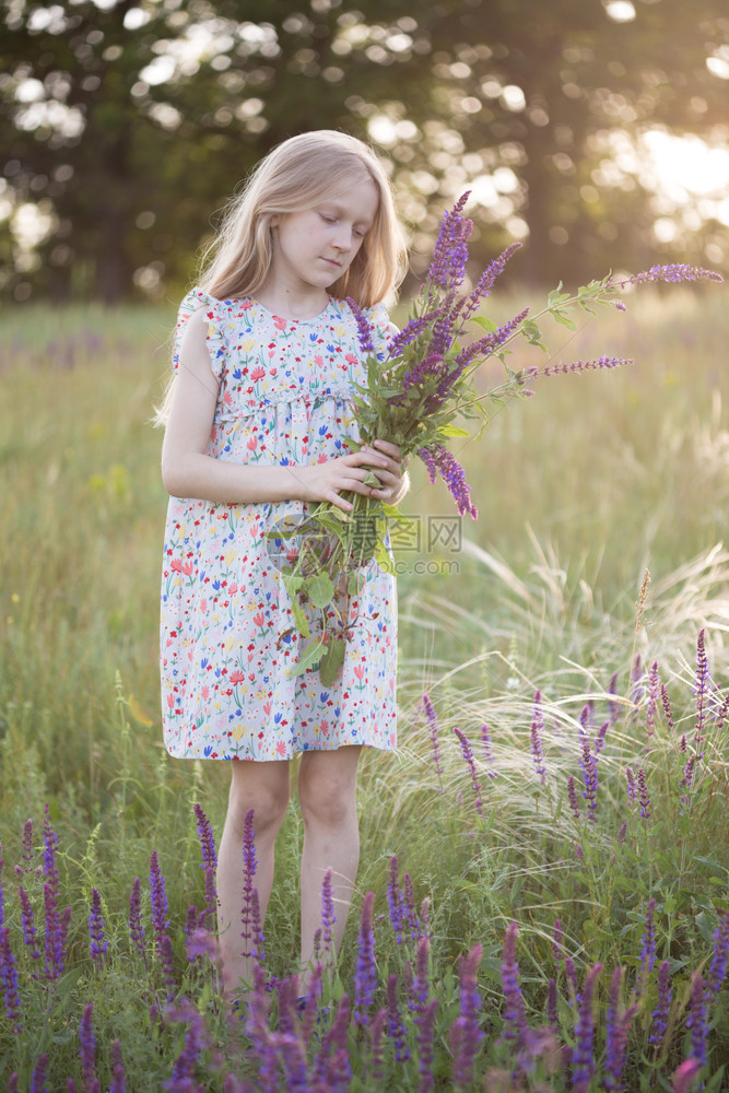 漂亮的女孩在草地上拿着一束沙拉的花图片