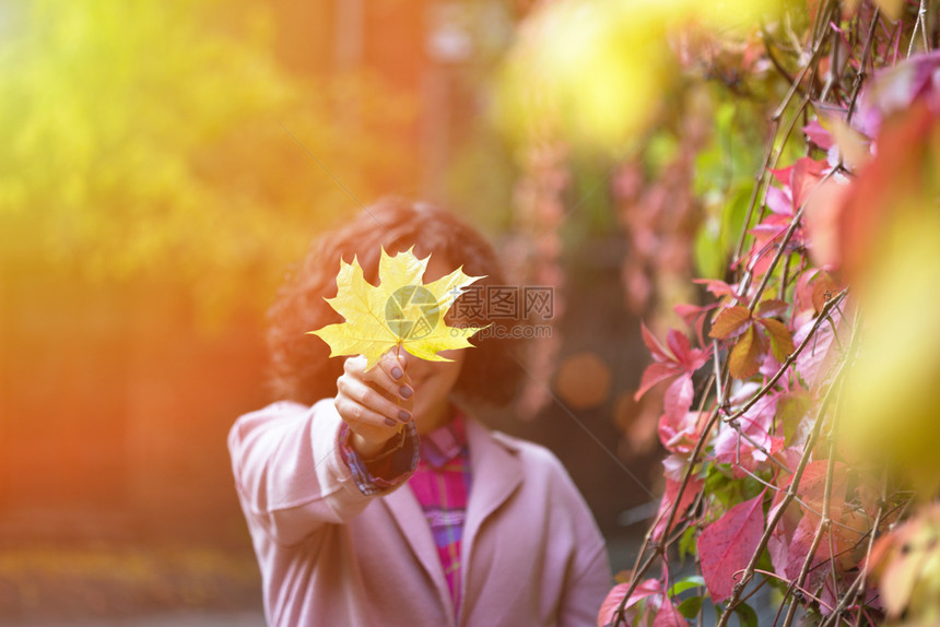 女孩手上拿着一片树叶图片