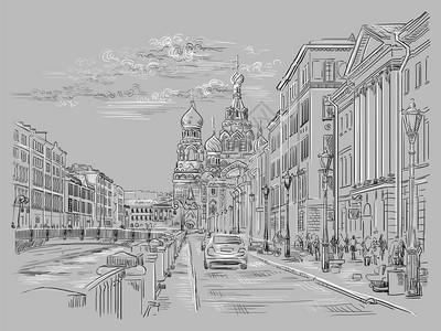 在圣彼得斯堡俄罗和河岸的血迹上救世主教堂的城市景象孤立的矢量图解灰色背景的黑白颜插画