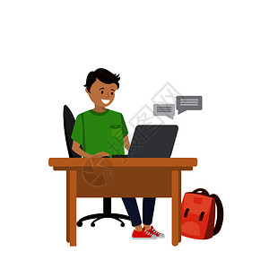 青少年与笔记本电脑通信孤立于白色背景Carton矢量插图图片