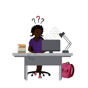 黑色工作非洲少女学习计算机插画