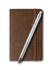 银棕色黑色皮革封闭笔记本和钢笔模型隔离在白色黑色皮革封闭笔记本和笔隔离在白色背景