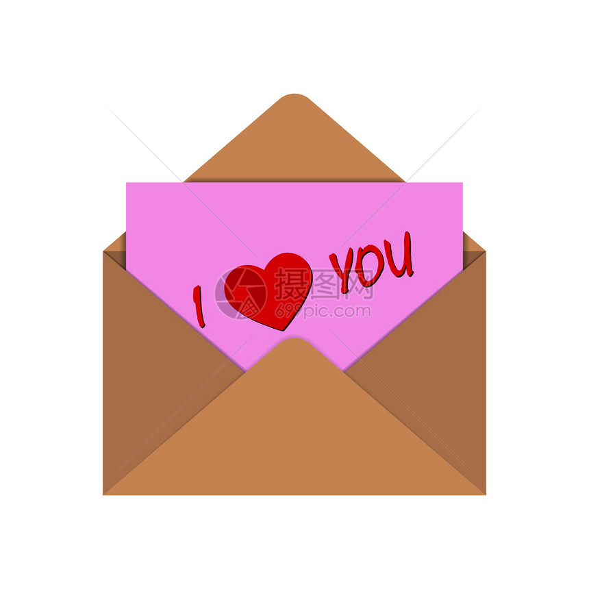 一个开着信封的放上面写着粉红色的单字母还有我爱你的词平板设计图片