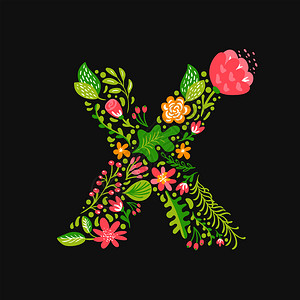 花粉夏季字母x花资本婚礼大字母表花和叶子的彩色字体表矢量插图彩色示背景图片