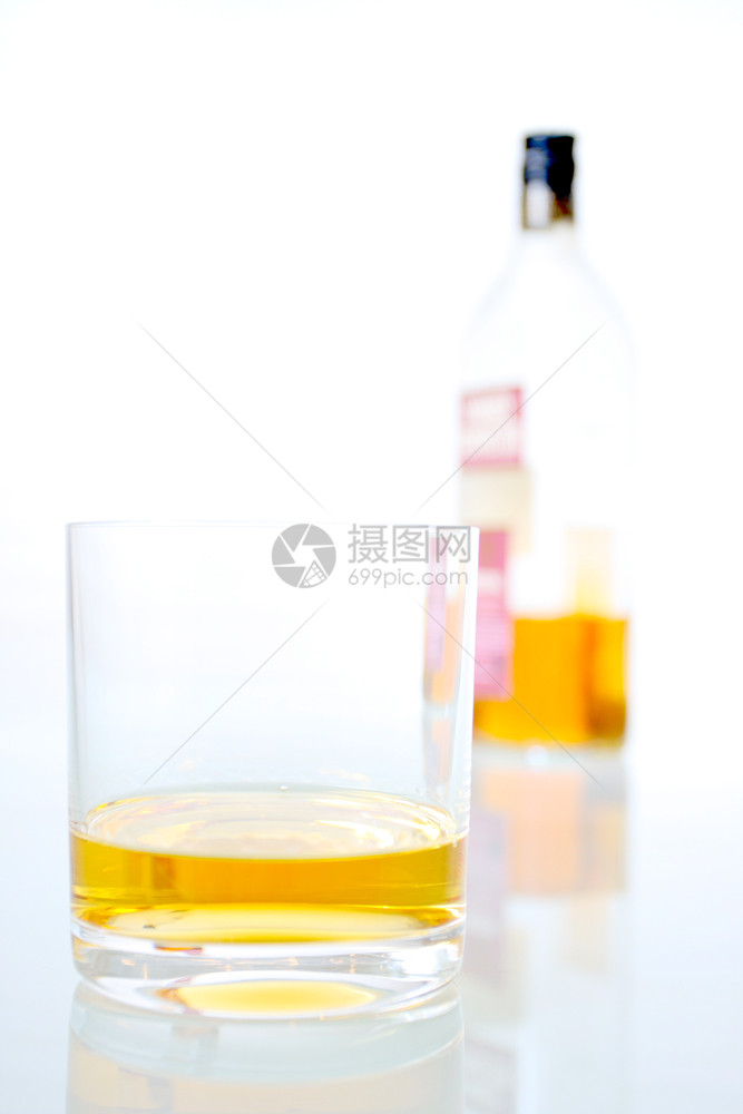 白色背景上玻璃威士忌和模糊的瓶子图片