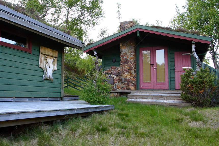 传统挪威木屋站在草坪上图片