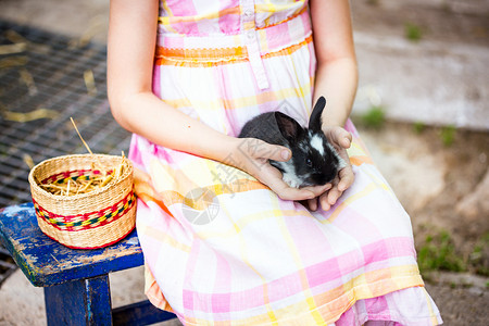 女孩把兔子放在篮里图片