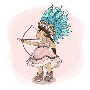 粉色箭头装饰射箭的印第安女孩插画