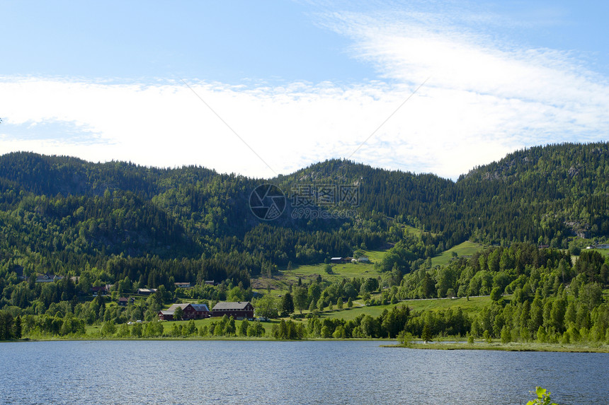 在湖边和远处的山上站立着传统的挪威木制图片