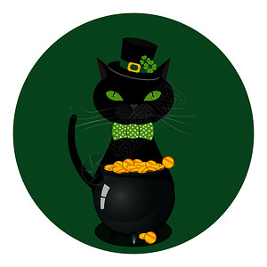 卡通黑猫戴弓领带和帽子绿色假冒设计图片