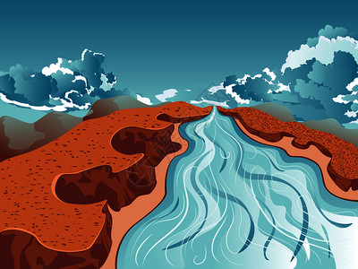 河石穿过高山地貌背景的蓝色河流插画