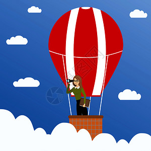 全球青年创新大会展板在热气球上拿着望远镜观察的女青年矢量卡通插画插画