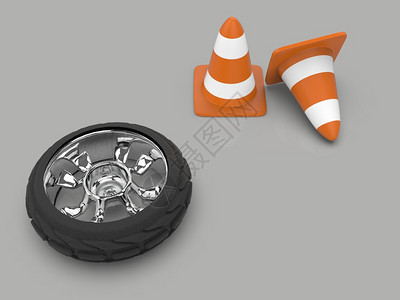 汽车车轮与交通锥三维渲染在灰色背景汽车车轮与交通锥3d渲染图片