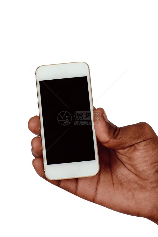 男手拿着带空白屏幕的智能手机在白色背景上隔离图片