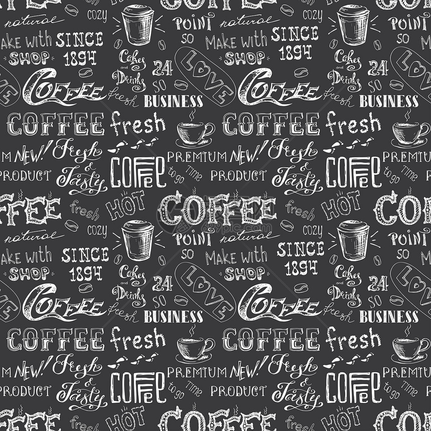 咖啡无缝模式手画字母和在黑色背景上签名矢量图示咖啡无缝模式手画字母和在黑色上签名图片