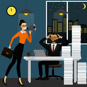 商业压力平板式的卡通矢量插图商业女老板用疲累的办公室扩音器尖叫图片