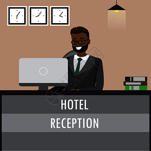 非洲男接待员酒店预订概念卡通矢量图图片