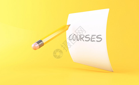 3d说明黄铅笔和纸页以及黄色背景的文字课程教育概念图片
